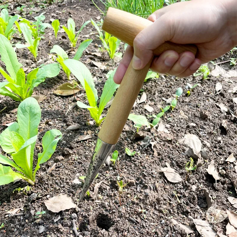Hand Sow Dibbler With Wood Handle For Sowing Seeds Transplanting Plants Planting Bulbs Digging Gardening Garden Hole Punch Tool