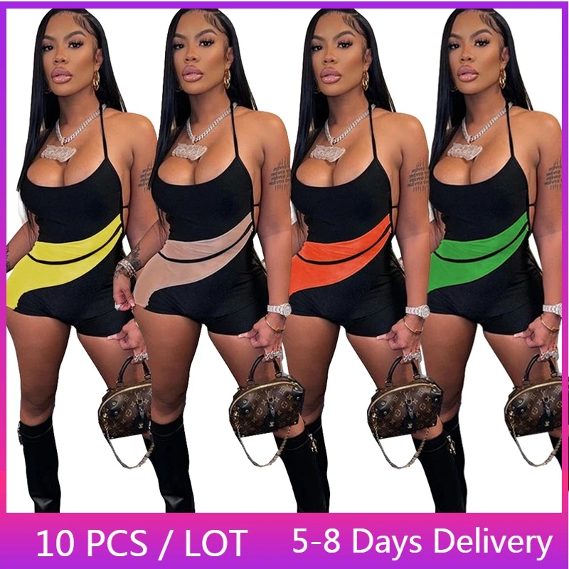 

Wholesale Items Backelss Sexy Jumpsuit Women Club Mesh Patchwork Halter Bandage Bodycon Playsuit Summer Rompers Womens Jumpsuit