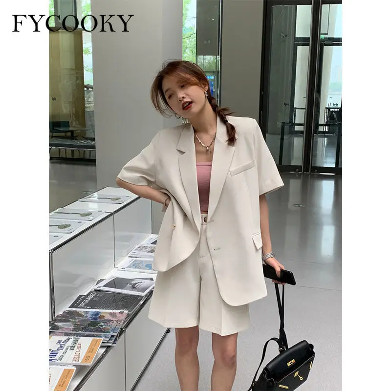 Korean Loose 2 Piece Women Short Set with Blazer Summer 2023 Thin Short-sleeved Blazers + Shorts Casual Office Ladies Suits