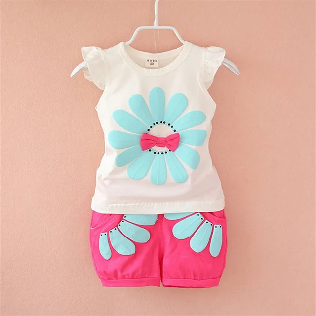 Summer Cute Cartoon 2PCS Kids Baby Girls Floral T-shirt Top Shorts Pants Set Clothes Girls Clothing Sets TaiYangHua-red