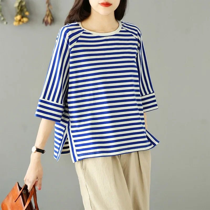 

Summer Fashion Art Round Neck Stripe Casual Loose Simple Commuter Versatile Three Quarter Oversize Women's T-shirt V289