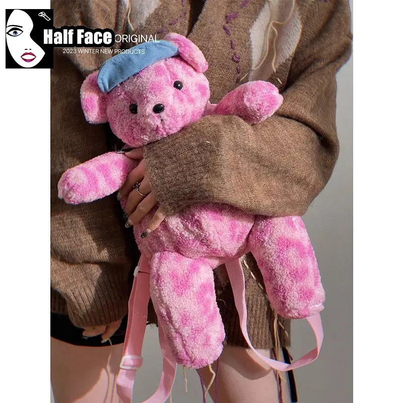 Y2K Girls Harajuku Women'S Gothic Steam Punk Lolita Small Group Pink Cute Furry Toy Teddy Bear Cartoon Backpack Trend Bags Tote