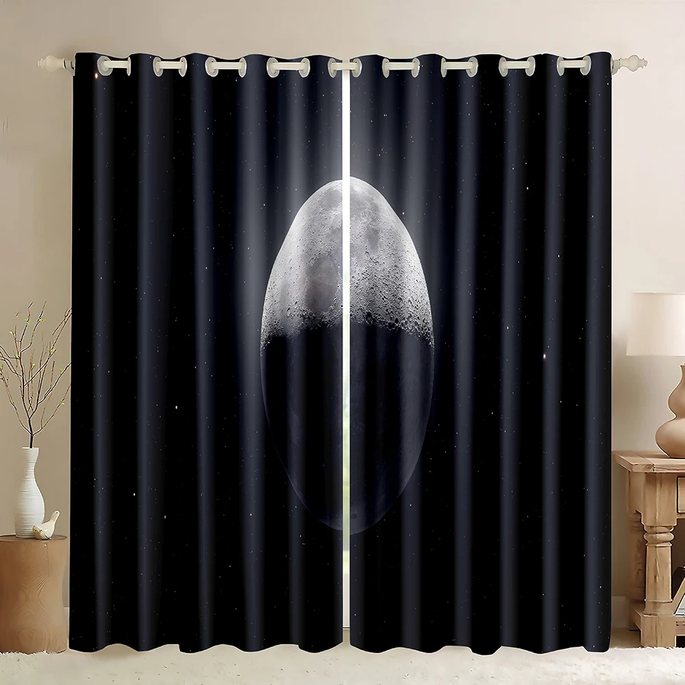 

Moon Window Curtains,Black Night Sky Lunar Eclipse,3D Print Moon Night Sky Galaxy View Abstract Pattern Blackout Curtains