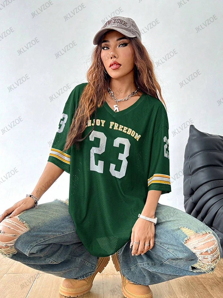 Summer New Black Enjoy Freedom 23 Print T-Shirt For Women V-Neck Short Sleeve Mesh Sports Football Jersey Y2K Oversized Tops 5