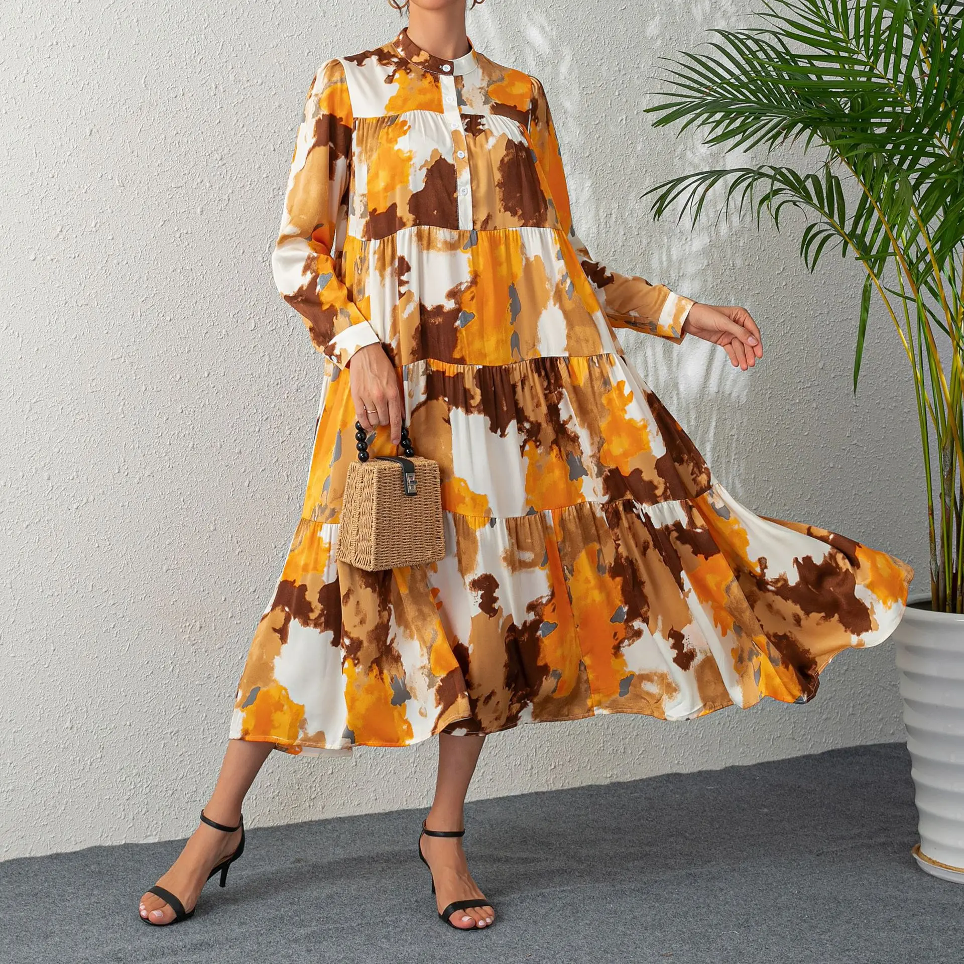 

2023 New Cake Vintage Long Dress High end Loose Waist Printed Long Sleeve Dress