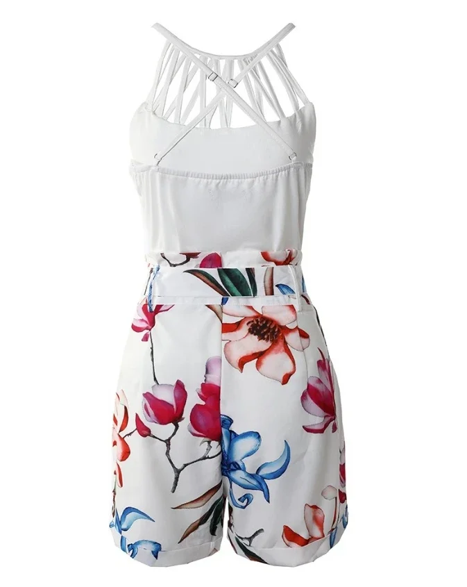 Sleeveless Tank Top Two Piece Set Women OutfitFashion Hollow Out O-neck & Casual Geo Print Shorts Set with Belt 2024 Summer New