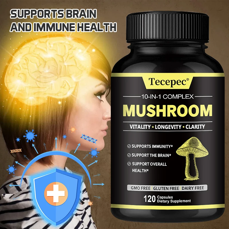 10-in-1 Mushroom Complex Lion's Mane, Reishi, helps with brain clarity and function, improves memory, concentration and thinking