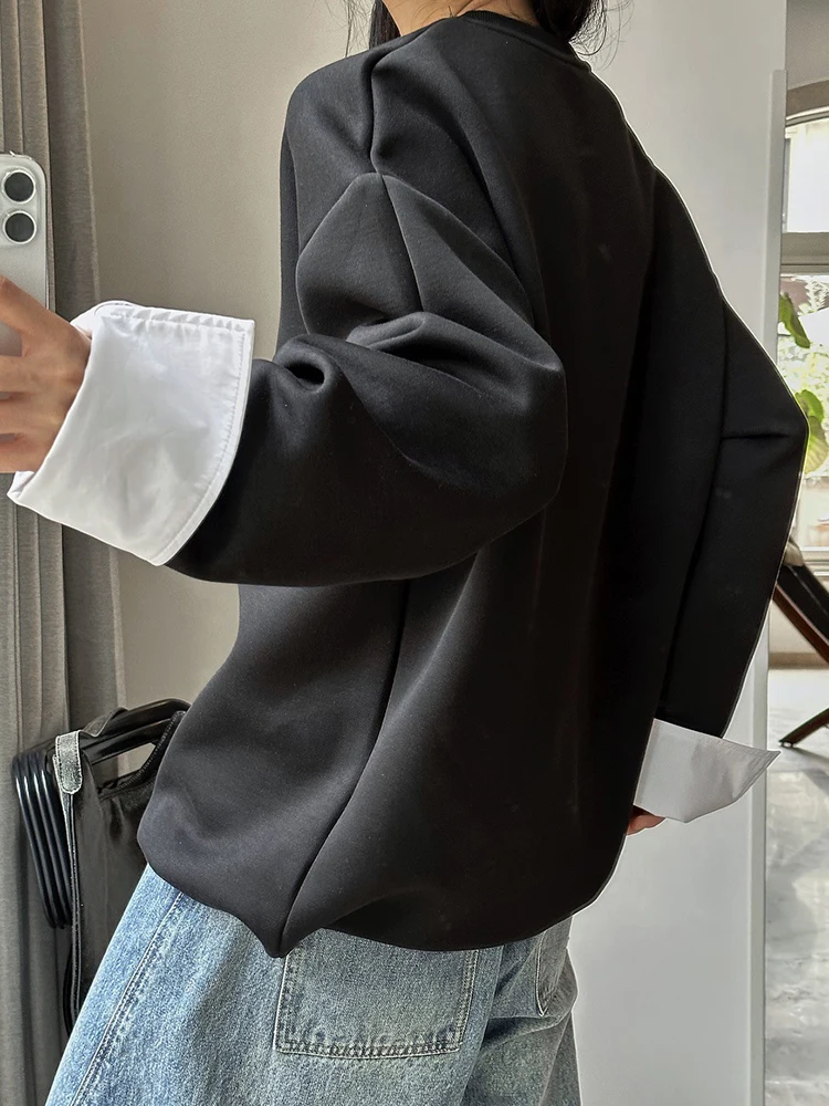 [LANMREM] Spliced Design Pullover Sweatshirt Women Contrast Color Round Neck Long Sleeve Casual Tops 2024 Spring New 26D8778