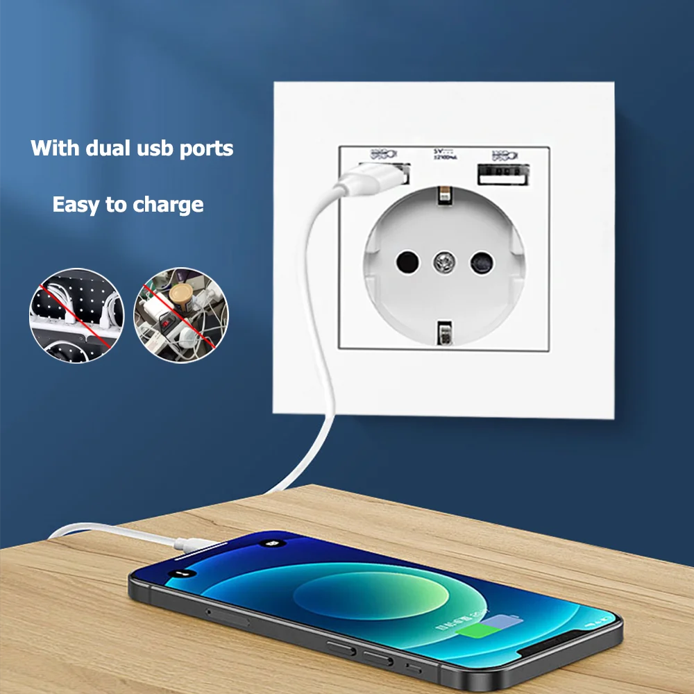 Smart Plug EU Wall Power Socket 5V 2.1A Electrical Outlet 86mm*86mm 16A Dual USB Port IOS Android Phone Charging Port Plug Socket