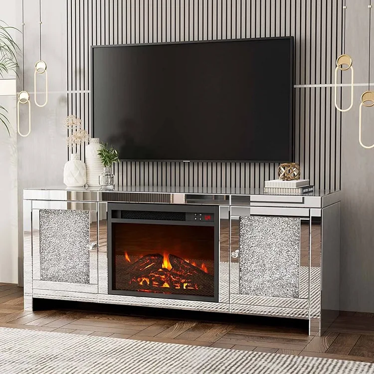 Silver mirror TV cabinet with simulated mantelpiece electronic creative light luxury Nordic silver mirror decorative heating