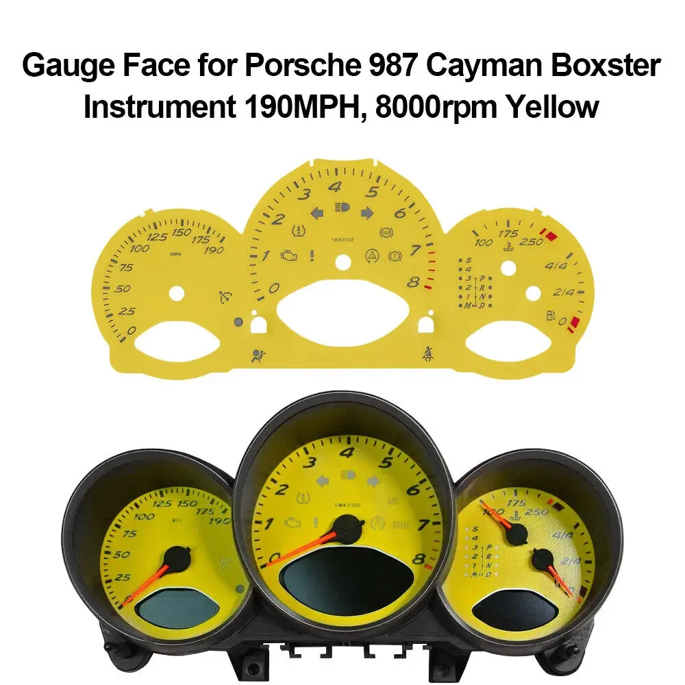 

Gauge Face for Porsche 987 Cayman Boxster Instrument 190MPH, 8000rpm Yellow