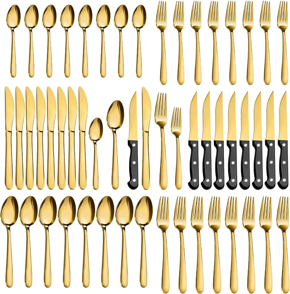 48 Piece Stainless Steel Gold Silverware Set