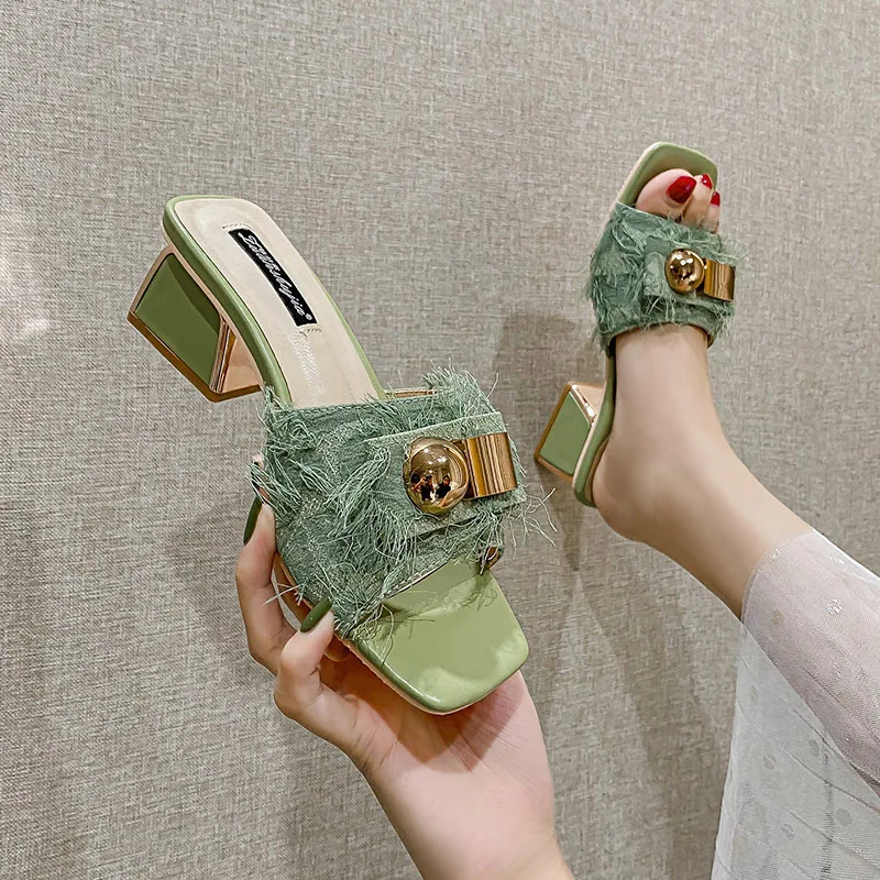 

Plus Size Shoes for Women Mules 2022 Elegant Square Heels Slides Womens Slip on Shoes Kitten Heel Ladies Sandals Woman Slippers