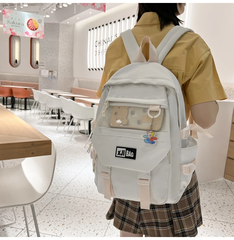 DCIMOR New Nylon Women Backpack Female Mesh Pocket Travel Bag Lady Fashion Schoolbag for Girl Student Preppy Book Pack Kawaii