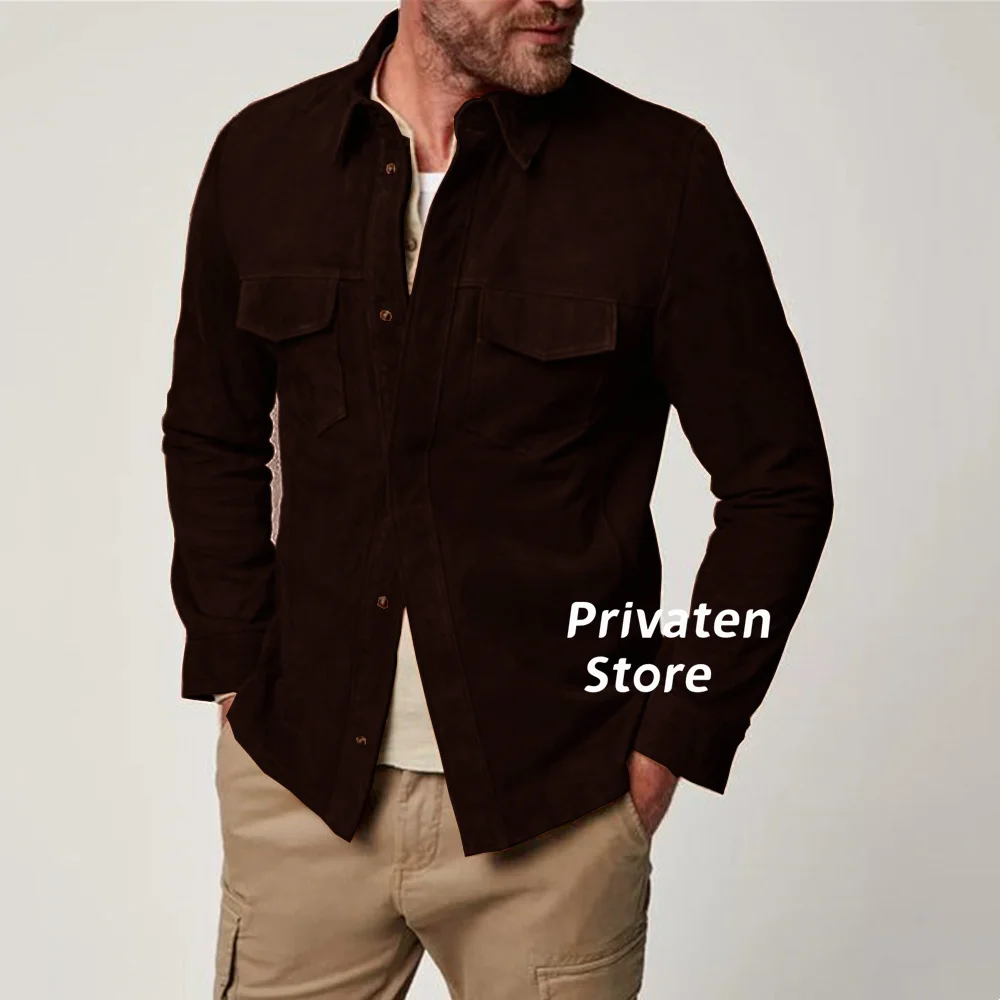 Men's Jacket Suede Slim Fit Lapel Cardigan High Quality With Pockets Business Office Suit Coat Single Breasted Clothes 4