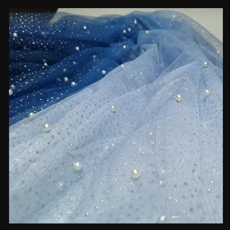 

1.5X0.5M Pearl Starry Light Blue Gradient Color Dark Blue Nail Bead Glitter Powder Soft Mesh Costume Designer Lace Fabric Dress