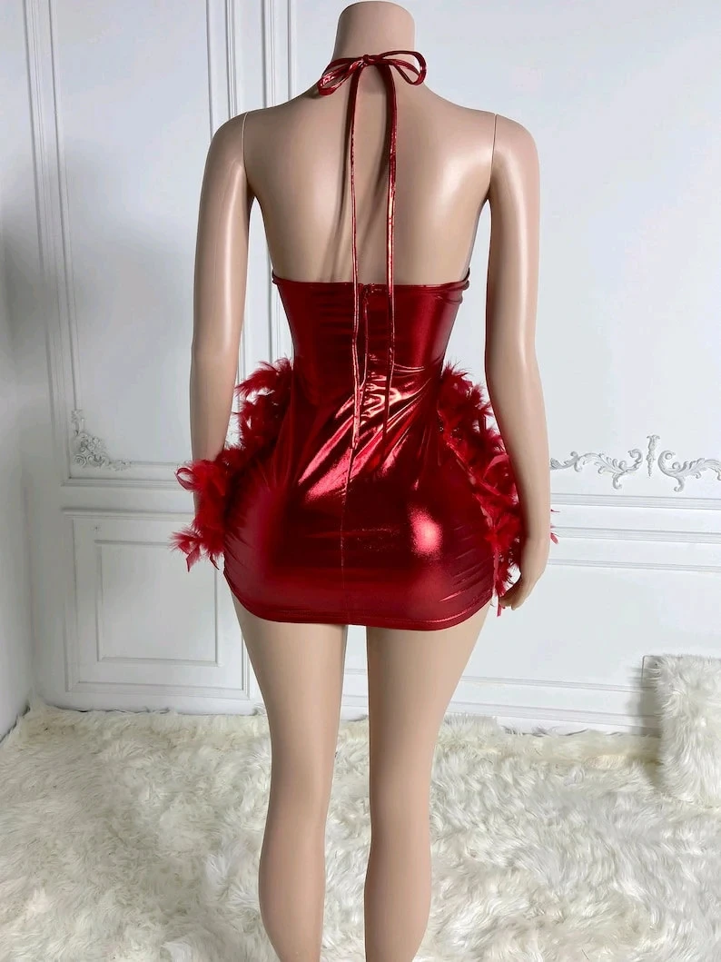 Red Sexy Halter Feather African Cocktail Dresses Beaded Birthday Party Gowns Short Black Girl Prom Dresses Homecoming Customized