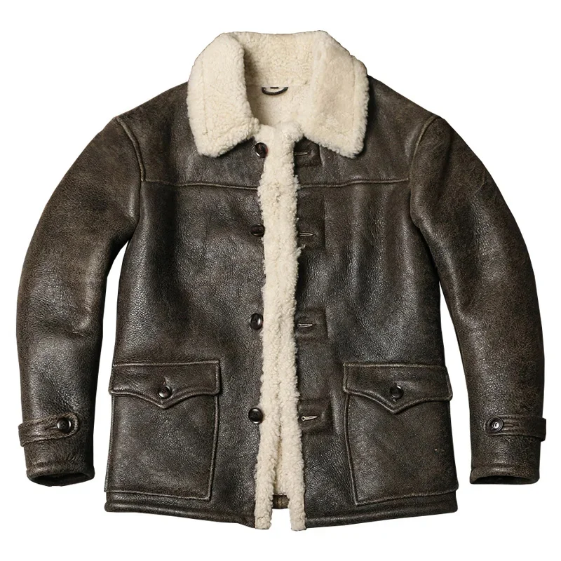 

Winter Warm Original Fur Coat Men's Vintage Slim Pure Leather Jacket Male Turtle Cracked Natural Sheepskin Real Jackets Tops