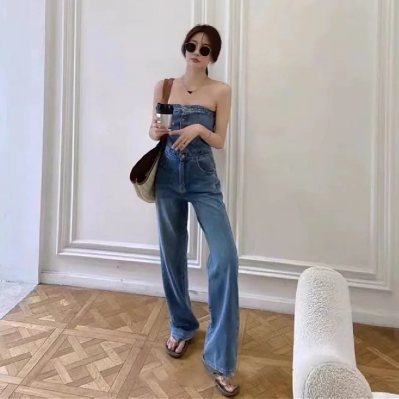 Jeans Female Summer High Waisted Design Sense Breast Wrapping Tool Mopping New Wide Leg Jumpsuit Pants Jeans Woman Women Jeans