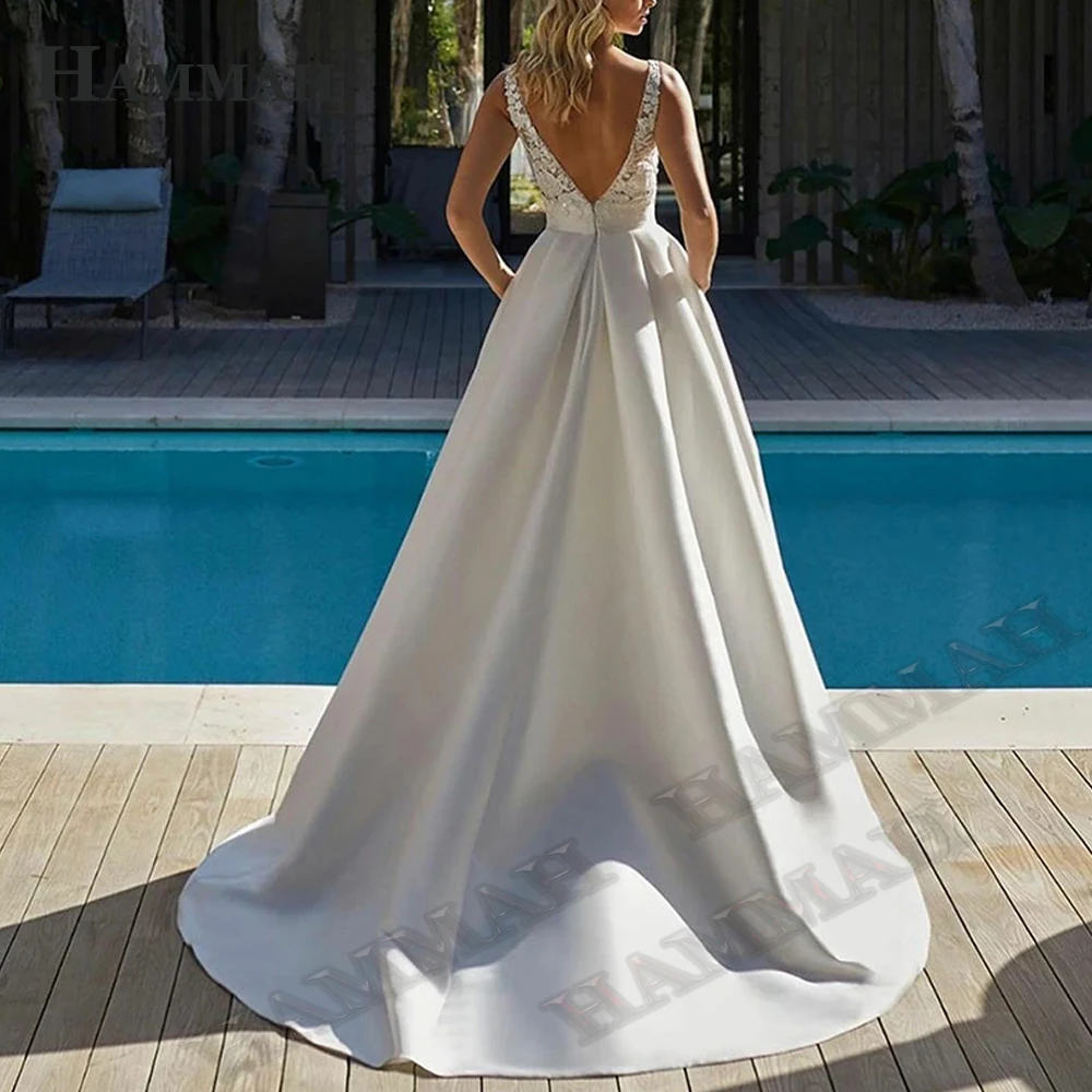

HAMMAH Simple Wedding Dress Satin Appliques Backless A Line With Pockets V Neck Sleeveless Formal Occasion Vestido De Novia