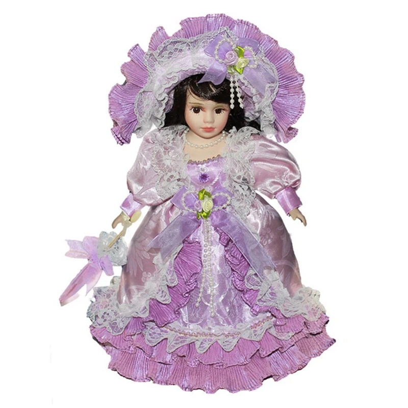 

12in Porcelain Girl for Doll Vintage Victorian Lady for w/ Wooden Stand&Outfit Compatible for w/ House Collection for Do E65D