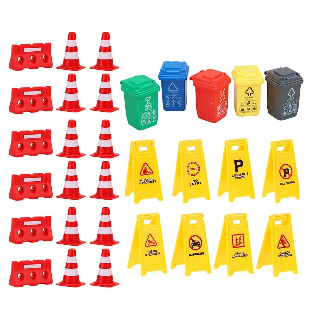 Traffic Signs Toy Road Toys Mini Sign Street Kids Cones Can Trash Playset Construction Garbage Roadblock Miniature Cone Play