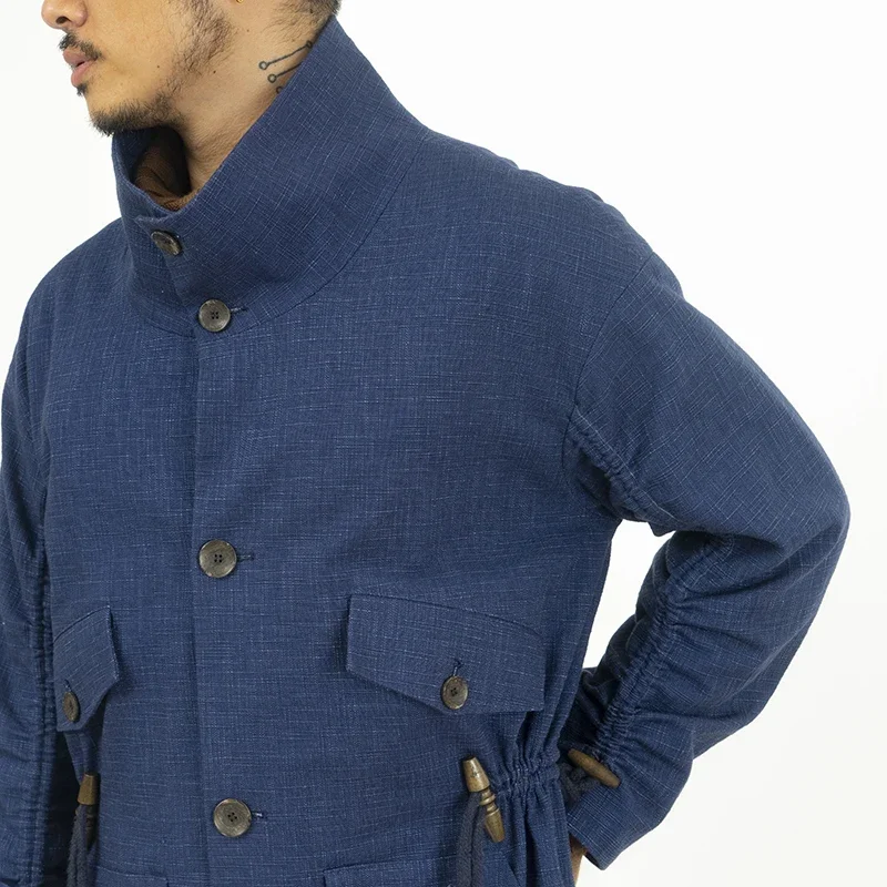 Original Design Japan Retro Spring Blue Dyed Slub Cotton Casual Long Windbreaker Coat Men's Loose Single Breasted Jacket