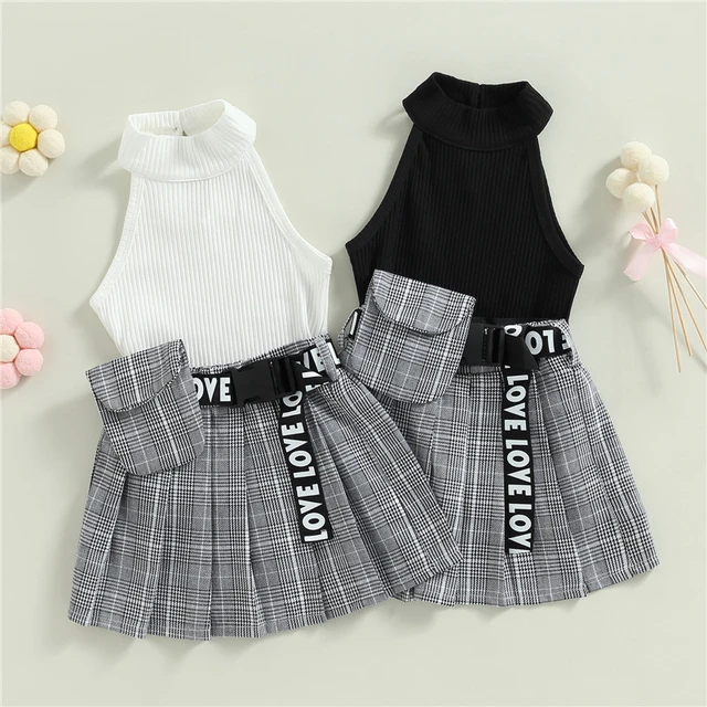 1-6years Kid Girl Summer Clothes Set Sleeveless High Neck Solid Ribbed Vest  + Plaid Pleated Skirt + Waist Bag Infant Girls Sets - AliExpress
