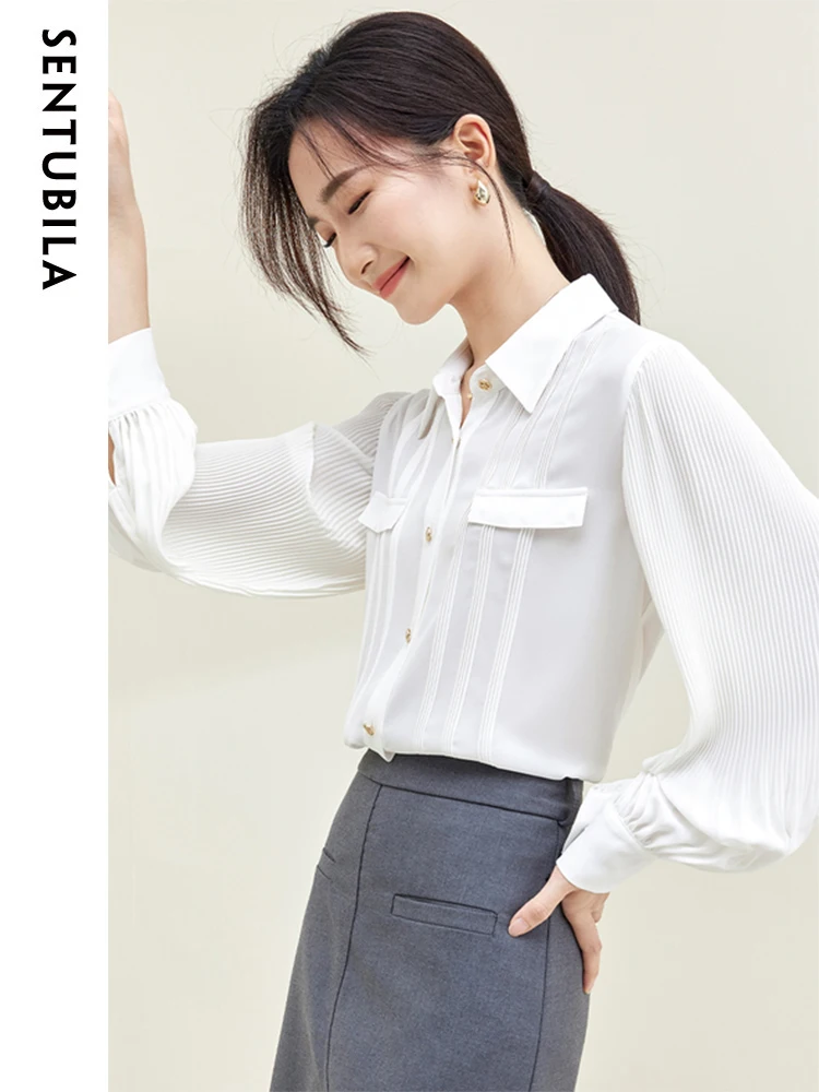 

Sentubila Long Lantern Sleeve White Shirts & Blouses for Women Fashion 2023 Elegant Relaxed Fit Button Down Shirts Chiffon Tops