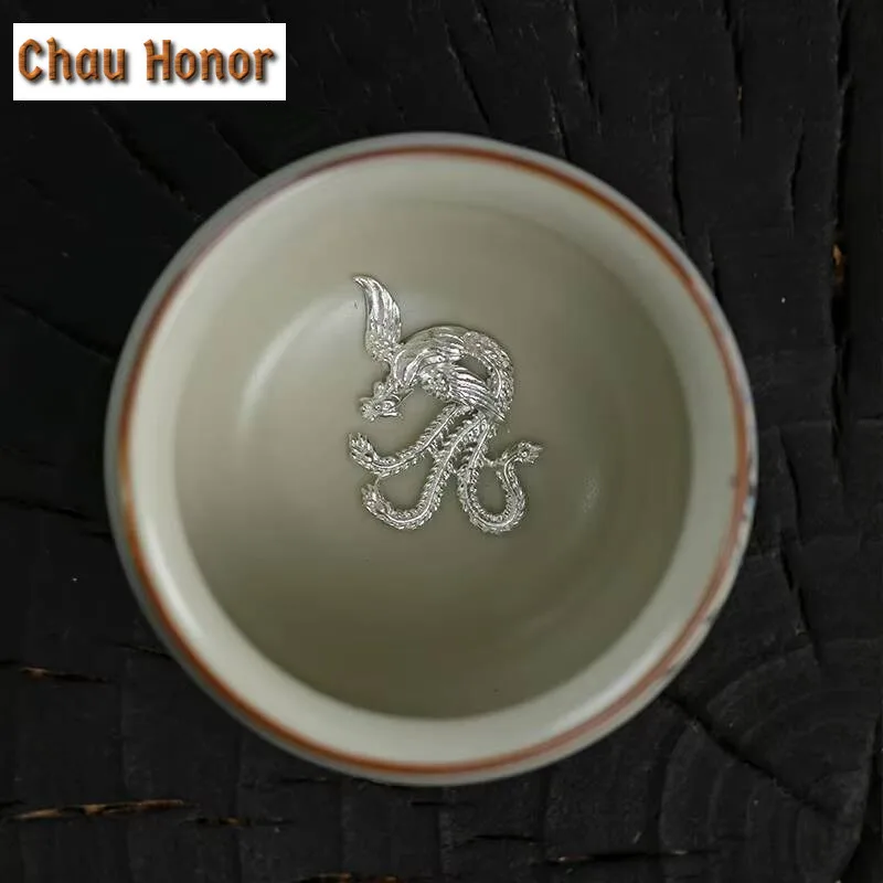 120ml Handmade Ru Kiln Porcelain Teacup  Hand Painted Bamboo Master Cup Personal Mug Can Nourishing Inlaid Silver Dragon Chazhan
