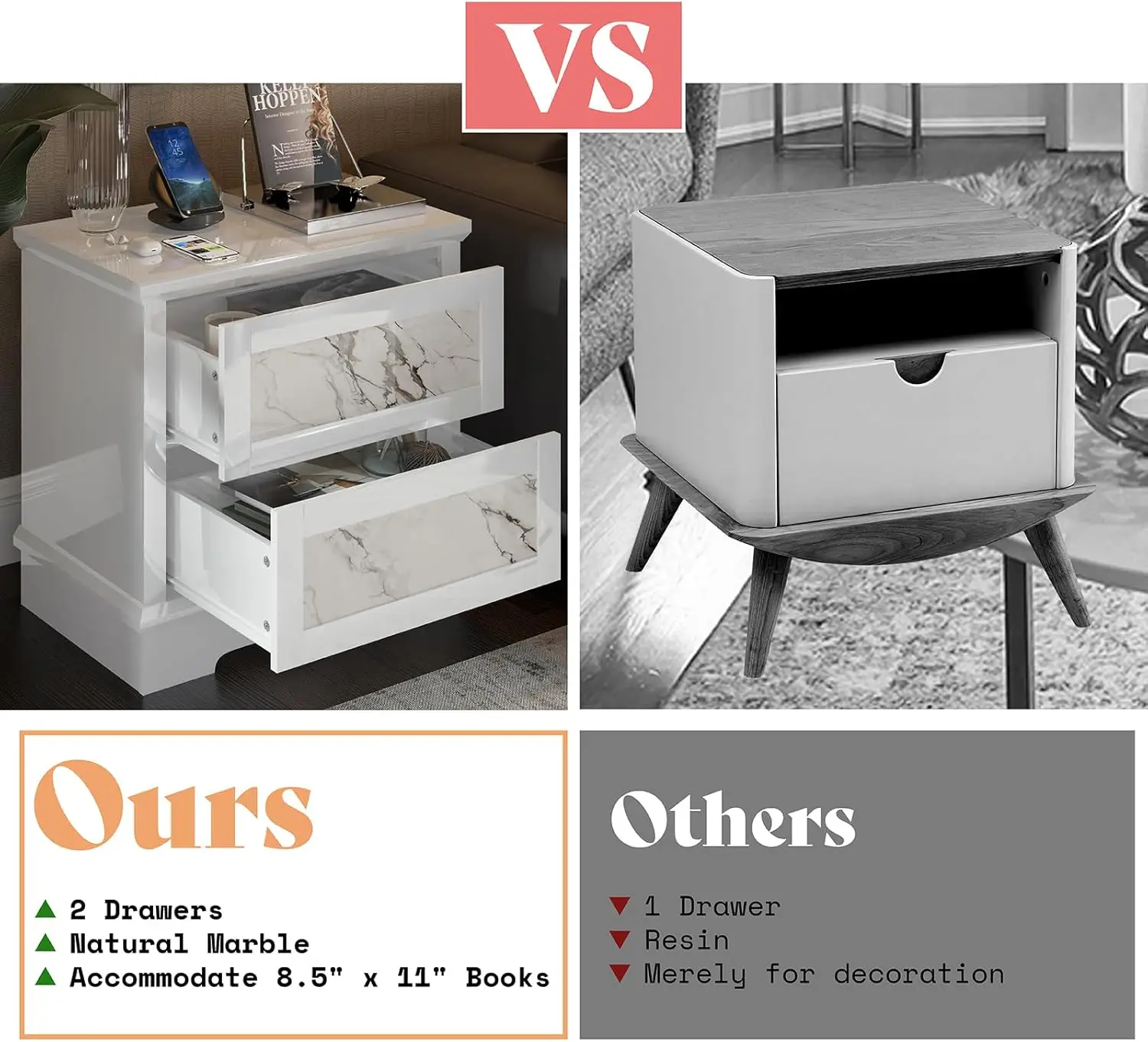 Luxury Natural Marble Nightstand Set of 2 with Drawers, High Gloss Side Tables in Living Room, Storage End Table