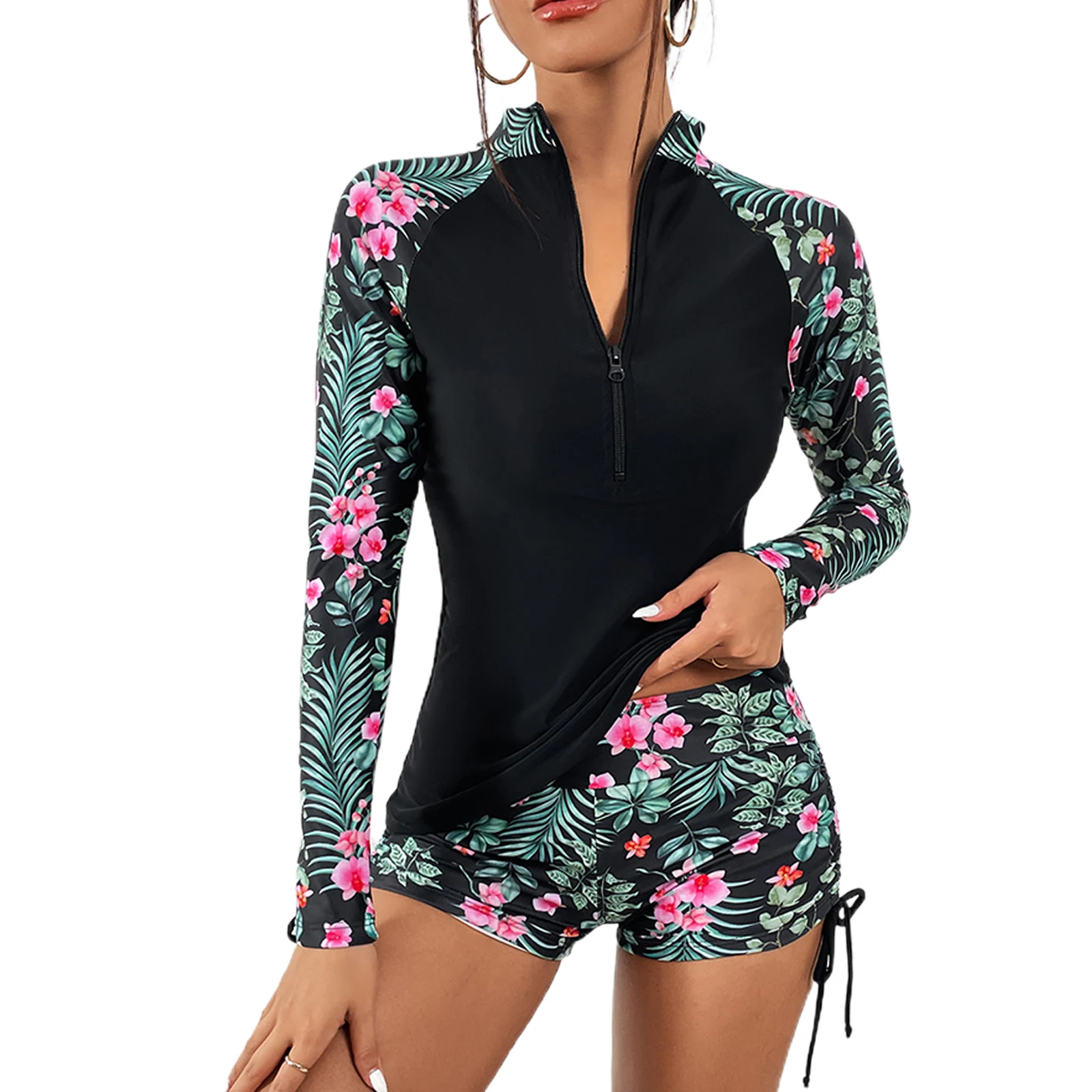 Womens Rash Guard Swimsuit Long Sleeve Bathing Suit Two Piece Crop Tops 2
