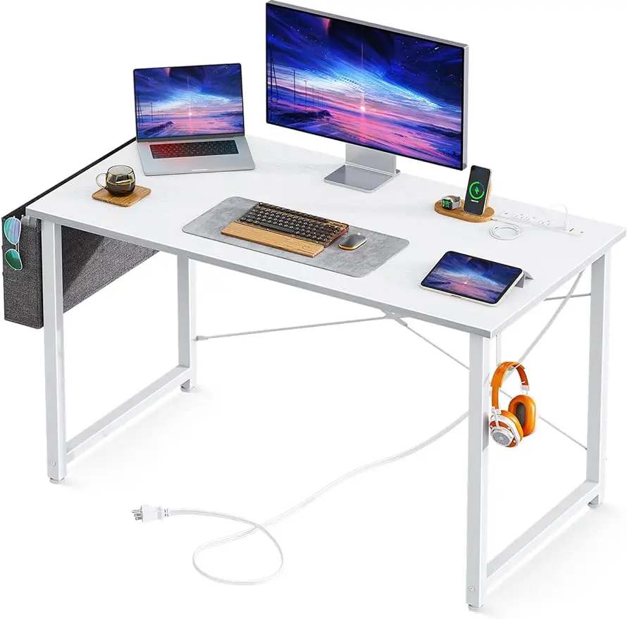 

40 In Small Computer Desk with Power Outlet for Small Spaces Home Office Laptop PC Writing Desks with Storage Ba Headphone Hook,