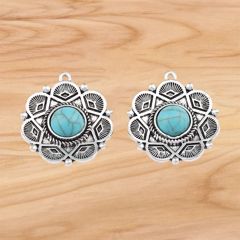 

6 Pieces Tibetan Silver Boho Imitation Turquoises Stone Lotus Flower Charms Pendants For DIY Necklace Making Finding Accessories