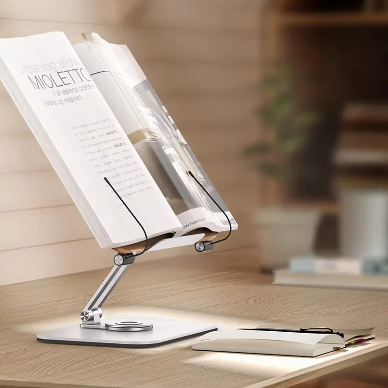 Desktop Book Stand for Reading with 360° Rotating Base Wooden Panel & Page Clips Foldable and Angle for Reading Book Holder 3