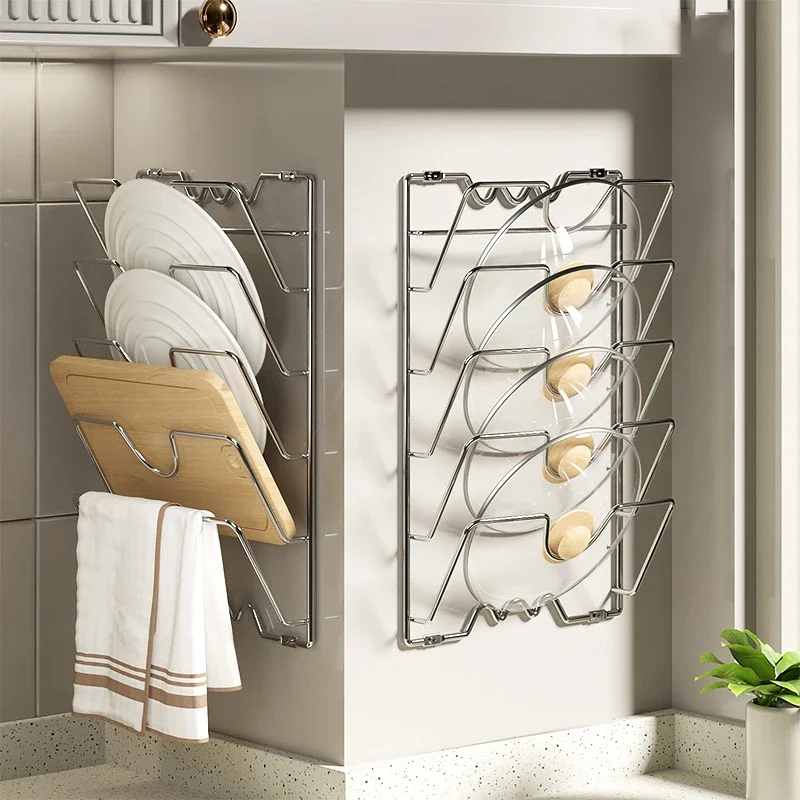 5 Layer Pot Lid Cover Rack Wall Mounted Storage Rack Cutting Board Holder Cabinet Pantry Holder Kitchen Organizer Metal Shelf