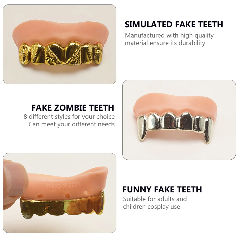 8 Pcs Plating Fake Teeth Plating Fake Teeth Halloween Props False Funny Prank Practical Jokes Novelty Toys