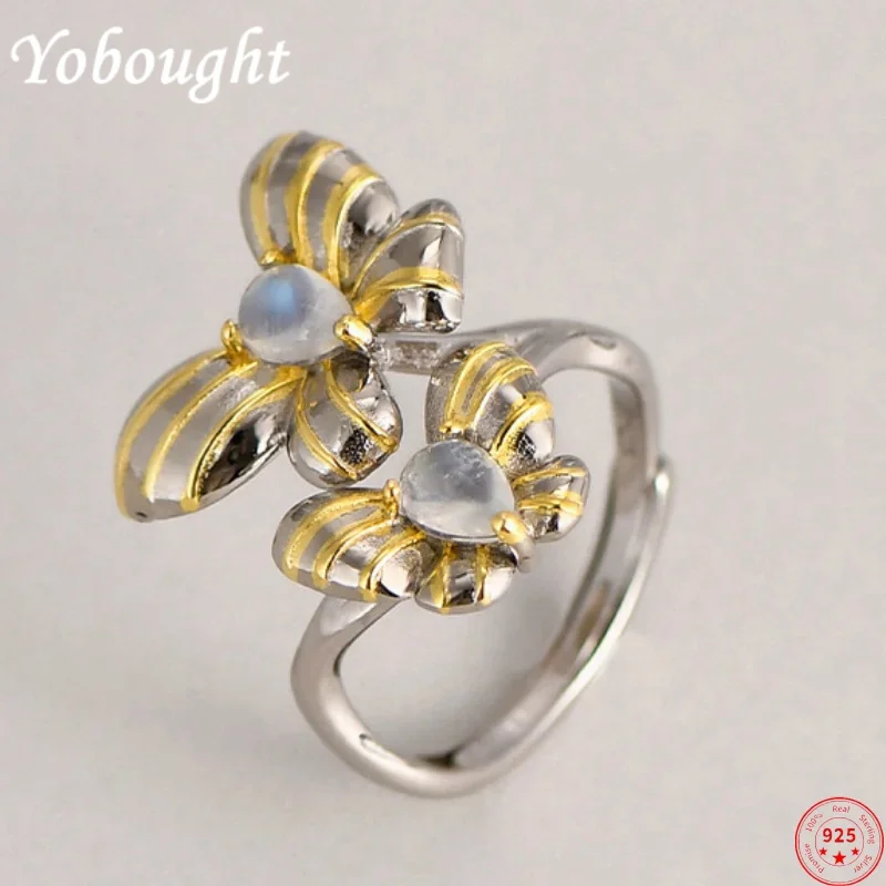 

S925 Sterling Silver Rings For Women New Fashion Contrast Colored Flowers Inlaid Moonstone Simple Punk Jewelry Free Shipping
