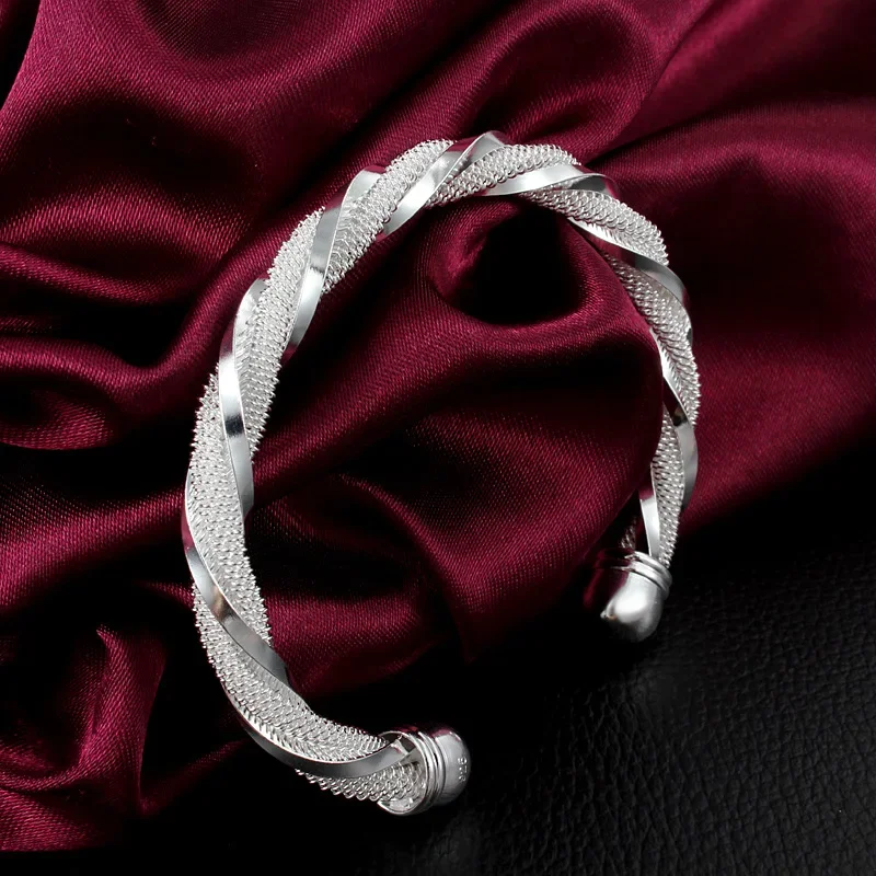 

UMQ Silver Braided Bangle Jewelry 925 Sterling Silver Fashion Mesh Wide Bracelets Bangles for Women Men