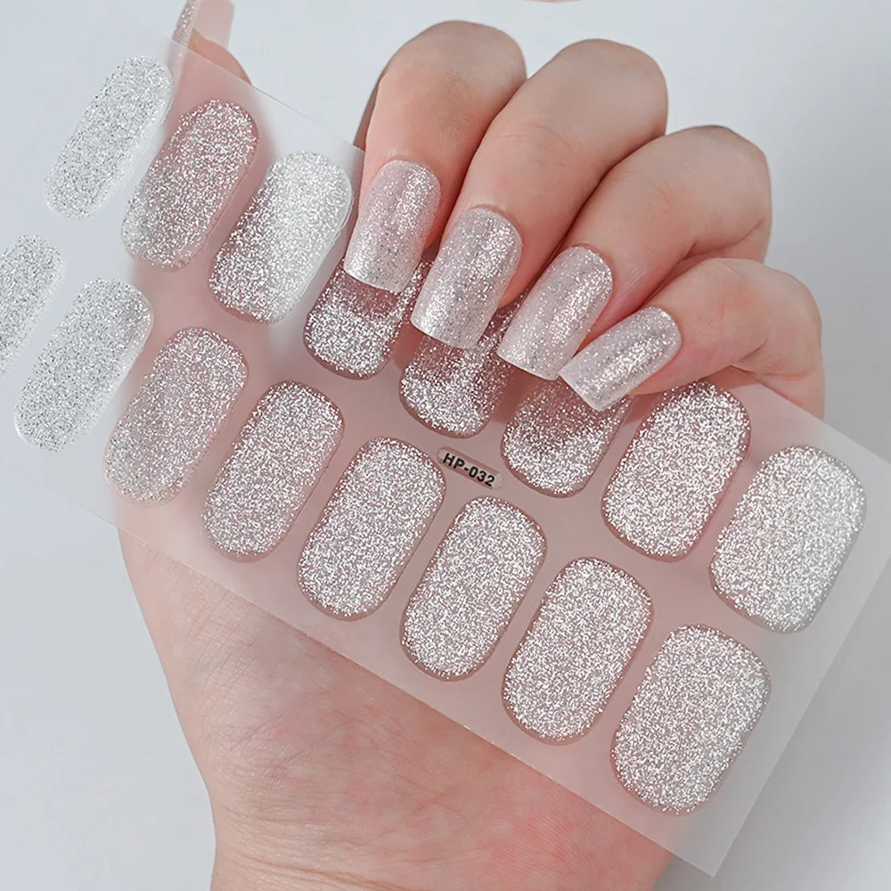 Nail Stickers Nail Decals Nail Art Decoration 16Tip Pink French Glitter Foil Gel Nail Wraps UV Semi-Cured Full Cover Nail Patch Strip Sticker UV LED Lamp Gel Polish Wrap