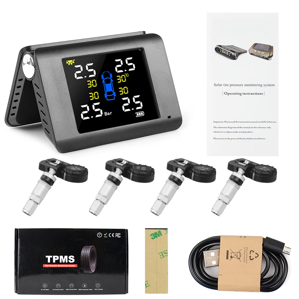 Foldable Car TPMS Tire Pressure Monitoring System LCD Display Solar Power Digital TMPS Auto Security Alarm Tire Pressure Sensor car parking sensor Alarm Systems & Security