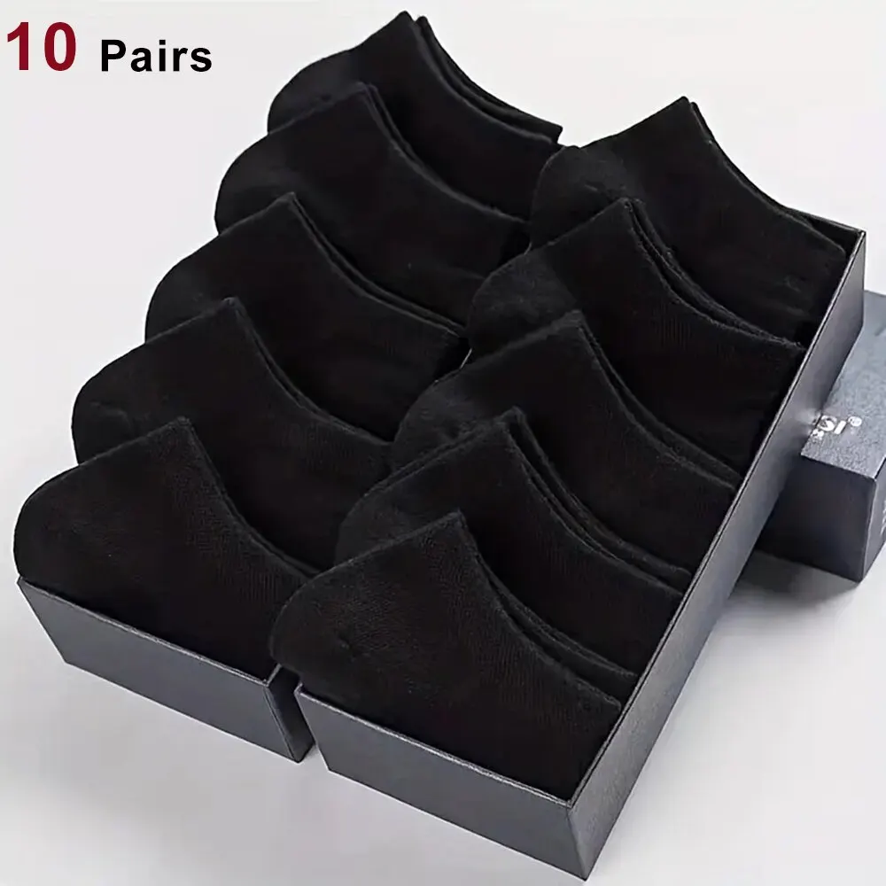 10 Pairs Men's Boat Socks Breathable Sweat Absorbing Solid Color Sports Business Low Socks
