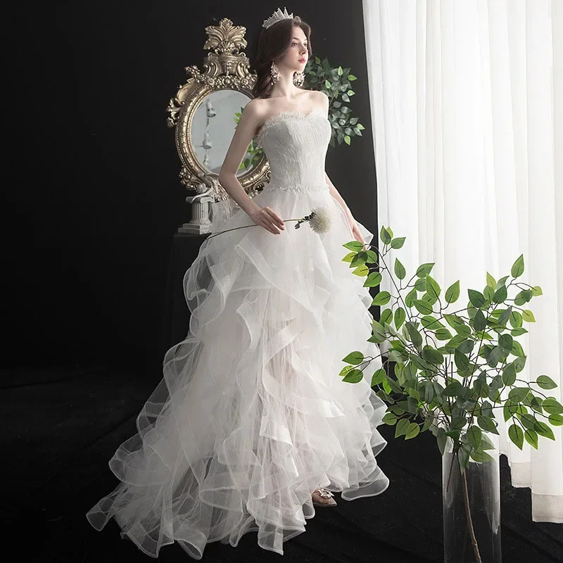 Short Front and Long Back Light Wedding Dress Princess Fluffy Trailing Cake Skirt Marriage Dress Wedding Dresses for Women
