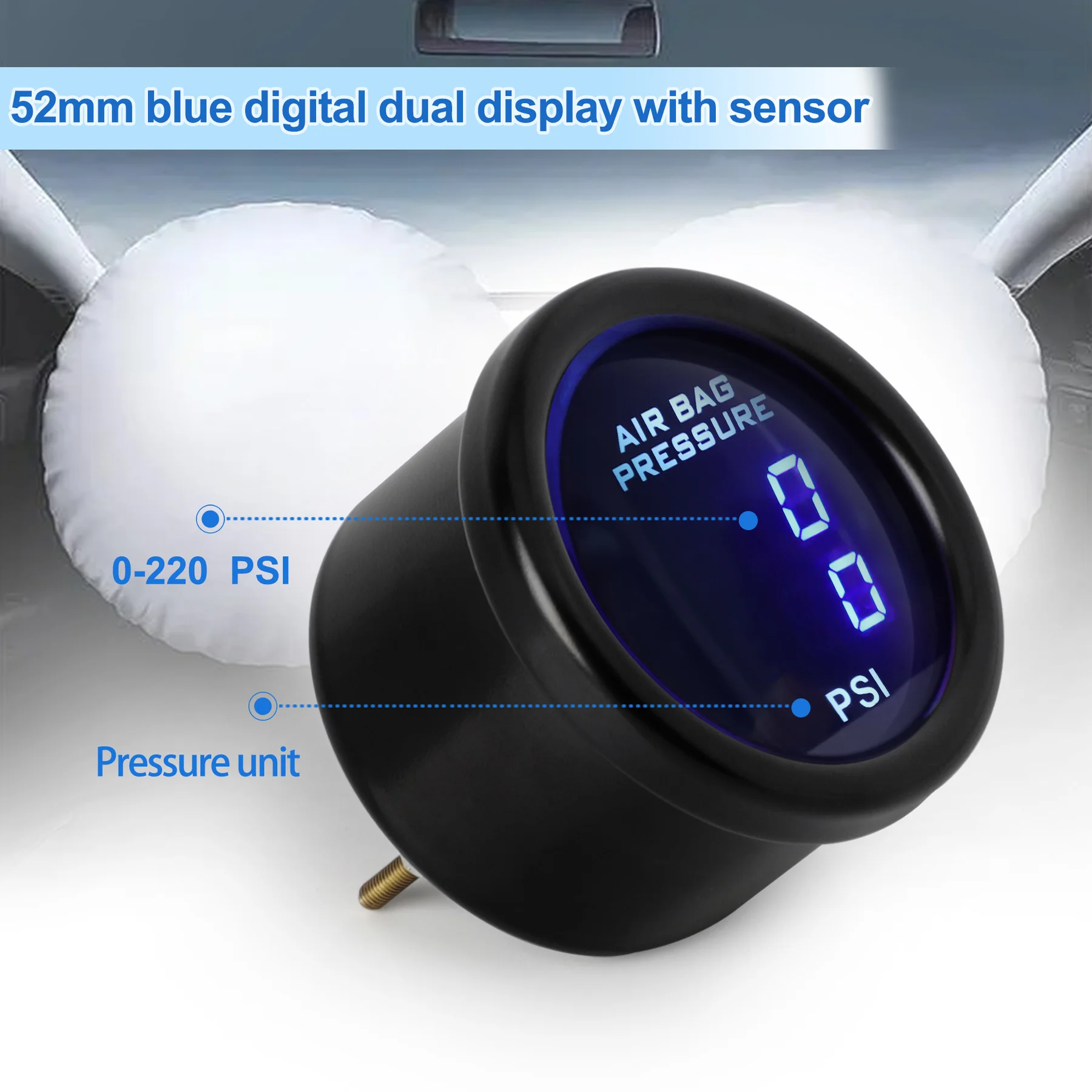 52mm Air Suspension Pressure Gauge Blue LED Dual Digital Display Air Ride Air Press With 2PCS 1/8 NPT Electrical Sensor