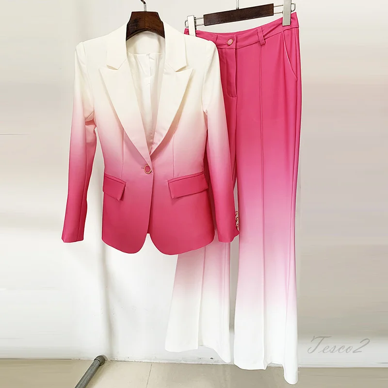 Tesco Stylish Pants Sets For Women Suit Blazer Flare Pants 2 Piece For Wedding Or Evening Party Gradient Elegant Pantsuits