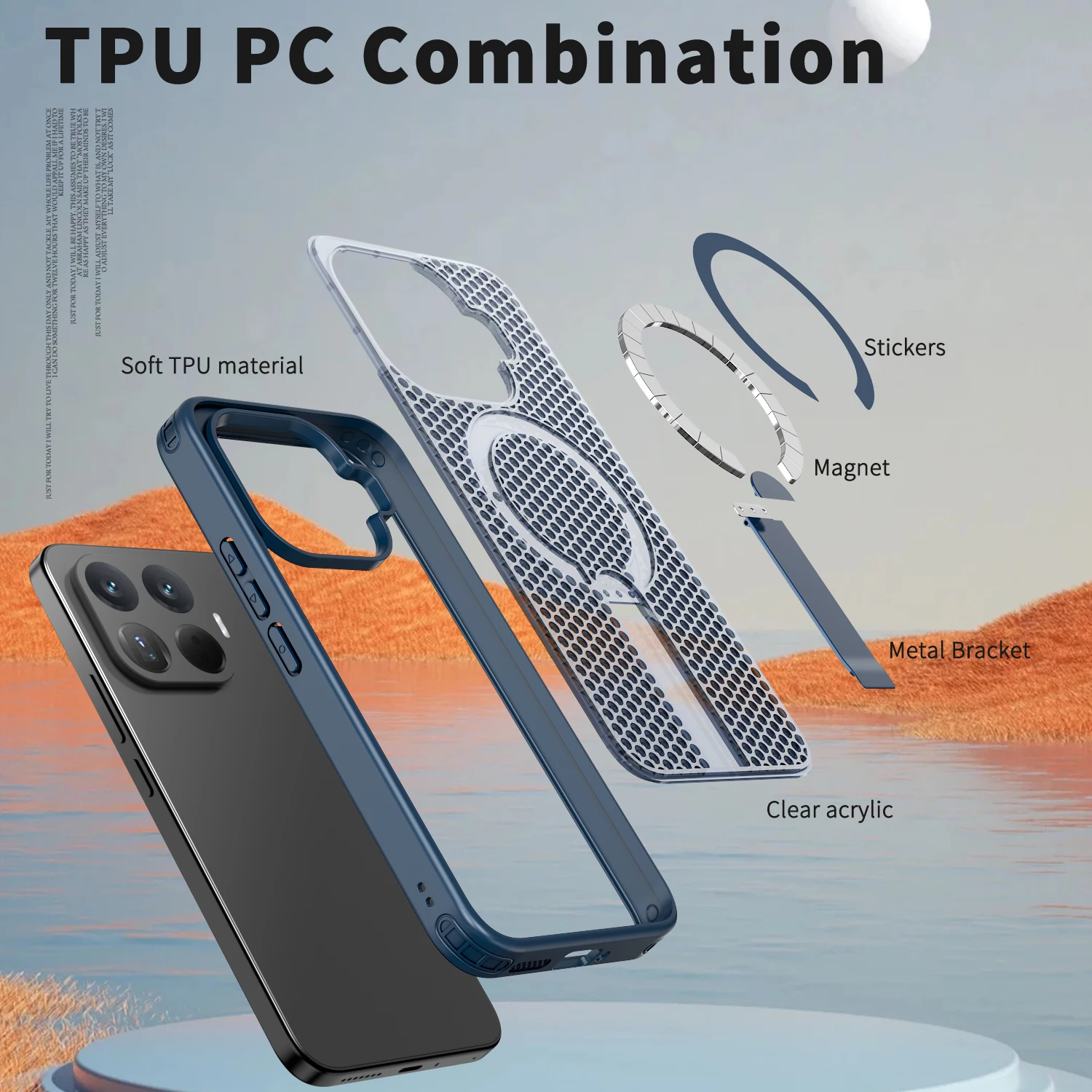 Magnetic Armor Phone Case with Cooling Hole Design and Metal Bracket - TPU Frame Acrylic Shockproof Cover