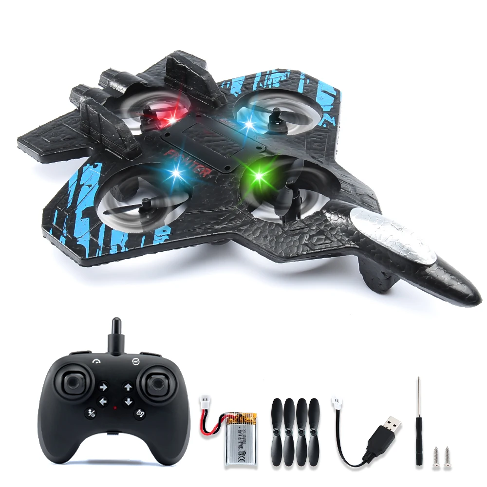 Vue rapprochée des ailes d'un avion RC en mousse EPP pour enfant, avec lumières LED multicolores.