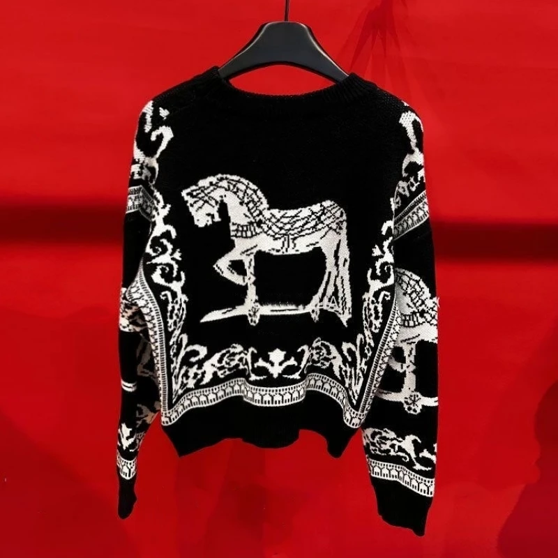 Horse Luxury Brand Designer Knit Pullover Sweater For Women 2023 Winter Knitwears Vintage Pull Tops Y2k Christmas Womans Clothes