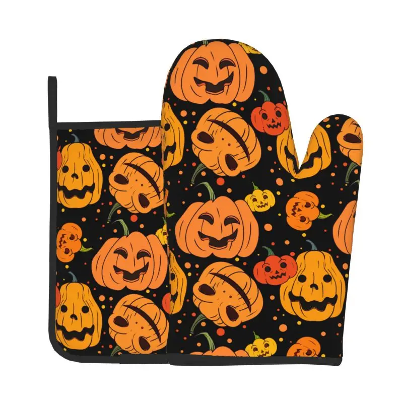 Halloween Pumpkin Oven Mitts and Pot Holders Sets Heat Resistant for Baking BBQ Cooking Holiday Decor