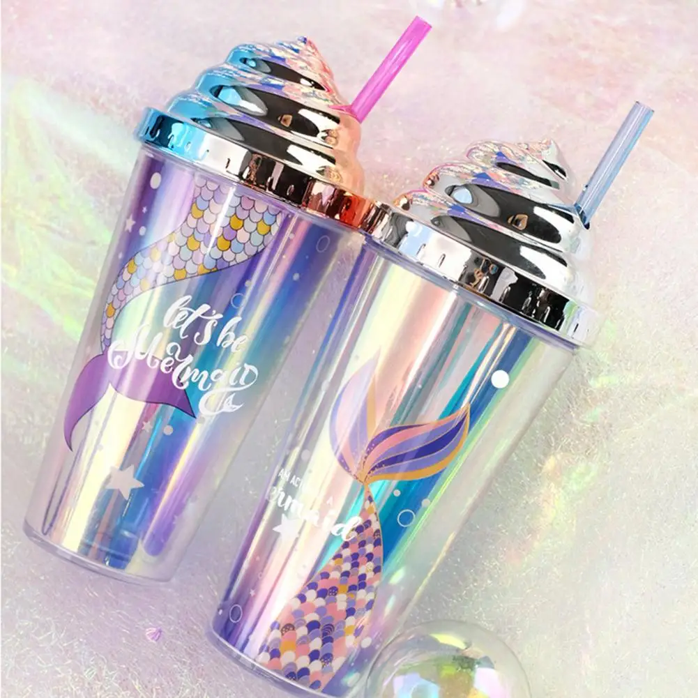 420ml Fashion Tumbler Cup Lightweight Straw Cup Heat Insulated Drinkware Mermaid Pattern Sippy